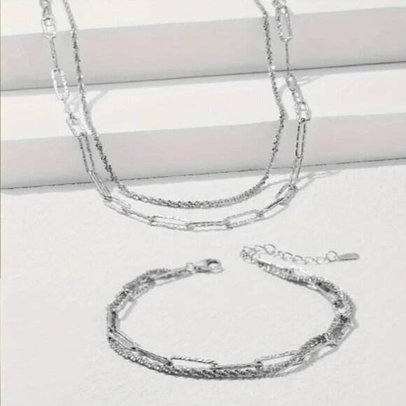 925 Silver Double Bracelet & Necklace 925 Paperclip & Twisted Glitter NWT - Picture 5 of 5